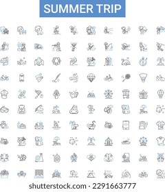 Summer trip outline icons collection. Tour, Vacation, Holiday, Getaway, Trip, Adventure, Sightseeing vector illustration set. Picnic, Camping, Exploring line signs