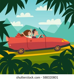 Summer trip vector illustration. Car with happy young family on the palm beach. Cartoon character happy man and woman on summer holidays. Car trip. Palm background, tourism concept