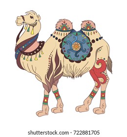 Summer trip vector illustration card with ethnic camel drawing