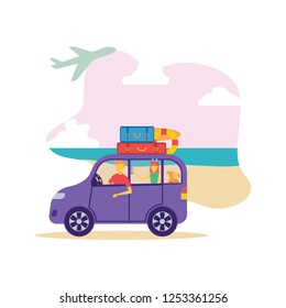 Summer trip vector illustration. Family on vacation. Cartoon character happy family on summer holidays. Car trip to camp, tourism concept