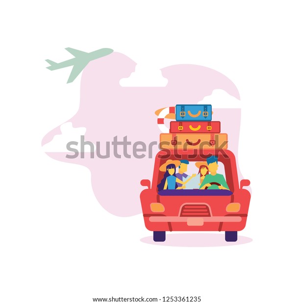Summer trip vector illustration. Family on\
vacation. Cartoon character happy family on summer holidays. Car\
trip to camp, tourism\
concept
