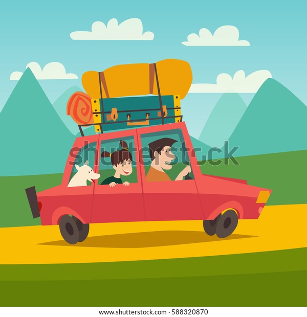 Summer trip vector illustration.\
Family with dog on vacation. Cartoon character happy dad and\
daughter on summer holidays. Car trip to camp, tourism\
concept