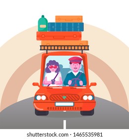 Summer trip vector illustration space for your text. Cartoon car in summer holidays. Car trip to camp, tourism concept