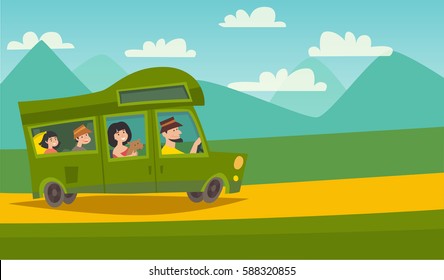Summer trip vector illustration with space for your text. Happy family with dog on vacation/summer holidays. Car trip to camp, tourism concept
