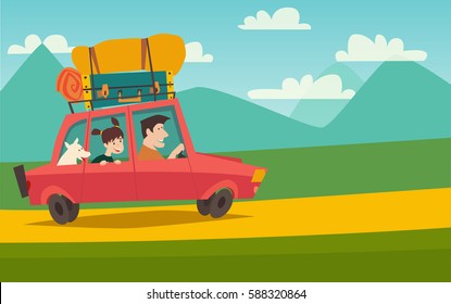 Summer trip vector illustration space for your text. Family with dog on vacation. Cartoon character happy dad and daughter on summer holidays. Car trip to camp, tourism concept