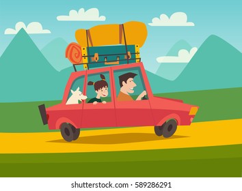 Summer trip vector illustration space for your text. Family with dog on vacation. Cartoon character happy dad and daughter on summer holidays. Car trip to camp, tourism concept