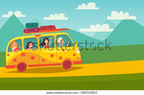 Summer trip vector illustration with space for\
your text. Happy people on vacation/summer holidays. CYellow bus\
trip to camp, tourism\
concept