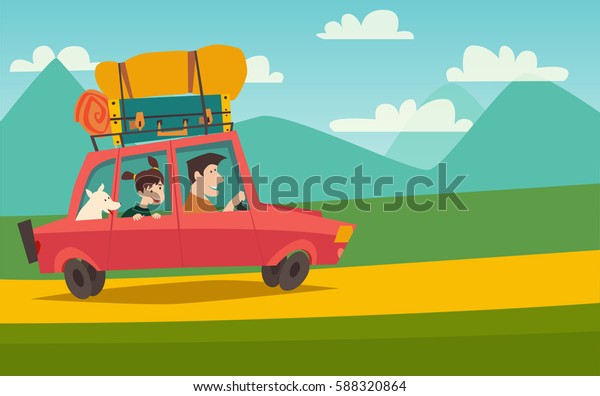 Summer trip\
vector illustration space for your text. Family with dog on\
vacation. Cartoon character happy dad and daughter on summer\
holidays. Car trip to camp, tourism\
concept
