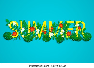 Summer tropic background. Exotic leaves, flowers with simple text. Colored floral wallpaper with tropical jungle plants. Vector design. Bright colors. Green, red, white, blue, yellow.Vacation backdrop