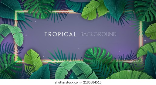 Summer tropic background with neon frame and tropic leaves. Nature concept. Vector illustration