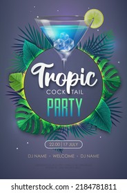 Summer tropic cocktail party poster with tropic leaves. Nature concept. Summer background. Vector illustration
