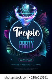 Summer tropic cocktail party poster with fluorescent tropic leaves and disco ball. Nature concept. Summer background. Vector illustration