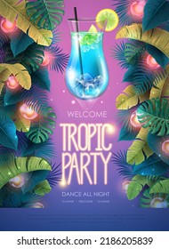 Summer tropic cocktail party poster with tropic leaves and modern electric lamps. Nature concept. Summer background. Vector illustration