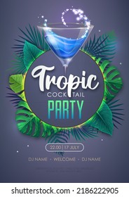 Summer tropic cocktail party poster with tropic leaves. Nature concept. Summer background. Vector illustration