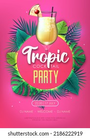 Summer tropic cocktail party poster with tropic leaves. Nature concept. Summer background. Vector illustration