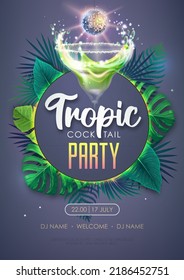 Summer tropic cocktail party poster with tropic leaves and disco ball. Nature concept. Summer background. Vector illustration