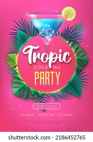 Summer tropic cocktail party poster with tropic leaves. Nature concept. Summer background. Vector illustration