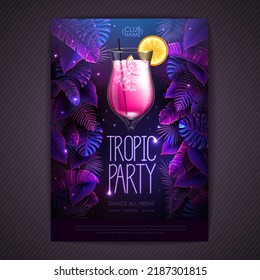 Summer tropic cocktail party poster with fluorescent tropic leaves. Nature concept. Summer background. Vector illustration