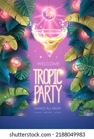 Summer tropic cocktail party poster with tropic leaves and disco ball. Nature concept. Summer background. Vector illustration