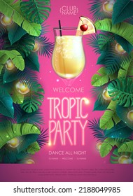 Summer tropic cocktail party poster with tropic leaves and modern electric lamps. Nature concept. Summer background. Vector illustration