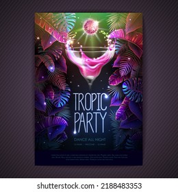 Summer tropic cocktail party poster with fluorescent tropic leaves and disco ball. Nature concept. Summer background. Vector illustration