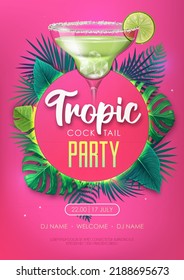 Summer tropic cocktail party poster with tropic leaves. Nature concept. Summer background. Vector illustration