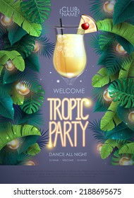 Summer tropic cocktail party poster with tropic leaves and modern electric lamps. Nature concept. Summer background. Vector illustration