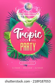 Summer tropic cocktail party poster with tropic leaves and disco ball. Nature concept. Summer background. Vector illustration