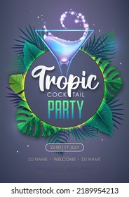 Summer tropic cocktail party poster with tropic leaves. Nature concept. Summer background. Vector illustration