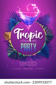 Summer tropic cocktail party poster with tropic leaves. Nature concept. Summer background. Vector illustration