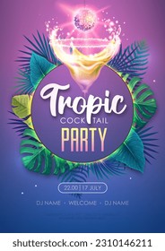 Summer tropic cocktail party poster with tropic leaves and disco ball. Nature concept. Summer background. Vector illustration