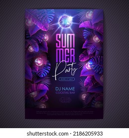 Summer tropic disco party poster with fluorescent tropic leaves and modern electric lamps. Nature concept. Summer background. Vector illustration