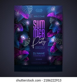 Summer tropic disco party poster with fluorescent tropic leaves and modern electric lamps. Nature concept. Summer background. Vector illustration