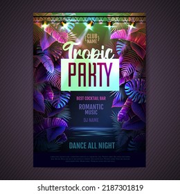 Summer tropic disco party poster with fluorescent tropic leaves and modern electric lamps. Nature concept. Summer background. Vector illustration