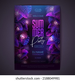 Summer tropic disco party poster with fluorescent tropic leaves and modern electric lamps. Nature concept. Summer background. Vector illustration