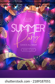 Summer tropic disco party poster with tropic leaves and modern electric lamps. Nature concept. Summer background. Vector illustration