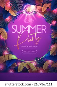 Summer tropic disco party poster with tropic leaves and modern electric lamps. Nature concept. Summer background. Vector illustration