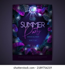 Summer tropic disco party poster with fluorescent tropic leaves and modern electric lamps. Nature concept. Summer background. Vector illustration