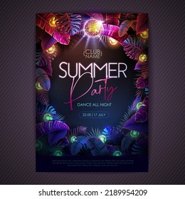 Summer tropic disco party poster with fluorescent tropic leaves and modern electric lamps. Nature concept. Summer background. Vector illustration