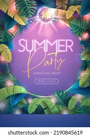 Summer tropic disco party poster with tropic leaves and modern electric lamps. Nature concept. Summer background. Vector illustration