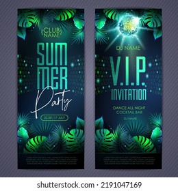 Summer tropic disco party poster with fluorescent tropic leaves and disco ball. Invitation design. Summer background. Vector illustration