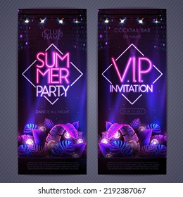 Summer tropic disco party poster with fluorescent tropic leaves. Invitation design. Summer background. Vector illustration