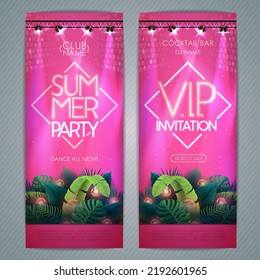 Summer tropic disco party poster with tropic leaves and spot light. Invitation design. Summer background. Vector illustration