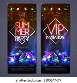 Summer tropic disco party poster with fluorescent tropic leaves. Invitation design. Summer background. Vector illustration