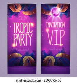 Summer tropic disco party poster with fluorescent tropic leaves and disco ball. Invitation design. Summer background. Vector illustration