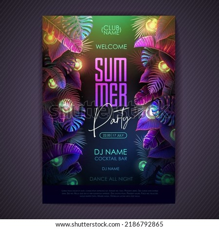 Summer tropic disco party poster with fluorescent tropic leaves and modern electric lamps. Nature concept. Summer background. Vector illustration