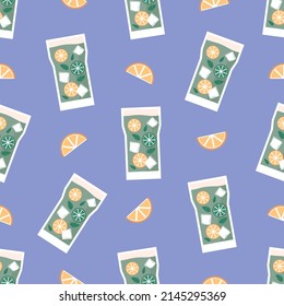 Summer tropic drink, cold citrus refreshing beverage in glass. Fresh homemade lemonade, soda, mojito cocktail with lemon, orange slices , mint. Hand drawn summer tropic party vector seamless pattern