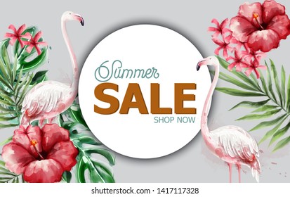 Summer tropic flowers and flamingo card Vector watercolor. Holiday poster. Sale banner template