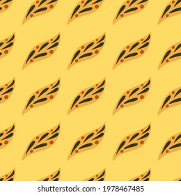 Summer tropic foliage seamless pattern with simple abstract leaf ornament. Orange and yellow palette. Decorative backdrop for fabric design, textile print, wrapping, cover. Vector illustration.