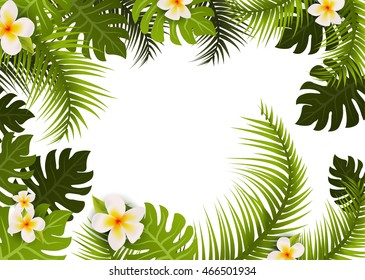 Summer tropic leafs background frame. Floral summer nature design pattern. Botanical style.
